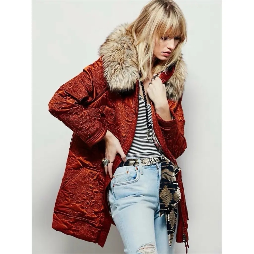 Free People Rust Quilted Winter Coat Jacket Fur Trimmed Hood